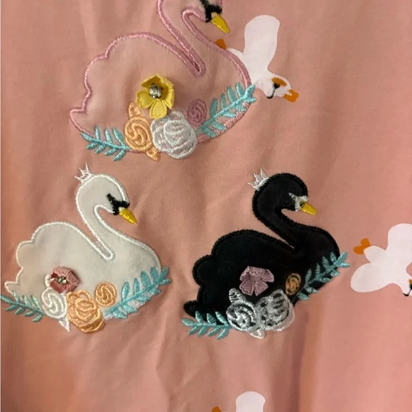 Pink Swan Embroidered Sweatshirt | Floral Birds Crewneck | Size Small - Picture 2 of 6
